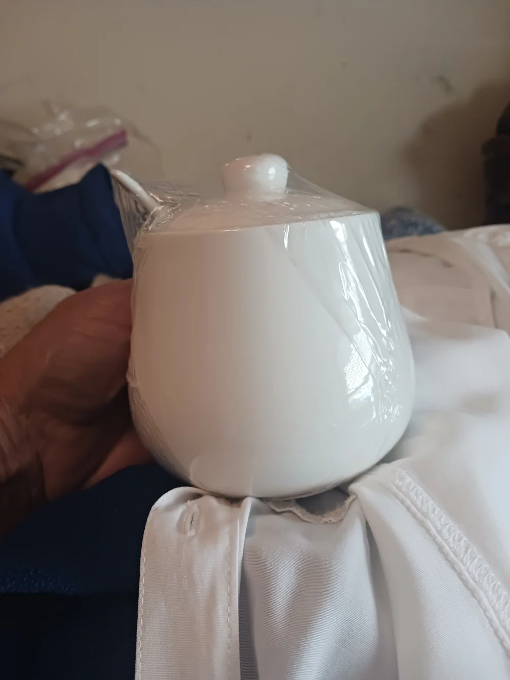 White Ceramic Sugar Bowl with Green Floral Design